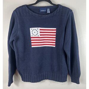 Liz Claiborne Lizsport Flag Sweater Navy Blue 100% Cotton Crew Neck Petite Large
